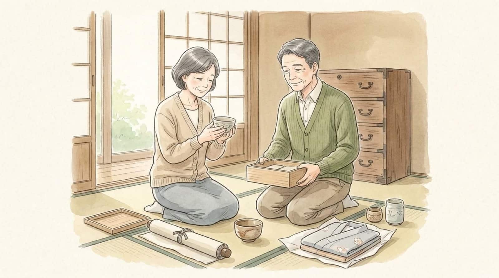 実家の座敷で、桐箱や掛軸を広げながら茶碗を手に取って確かめる夫婦の水彩イラスト