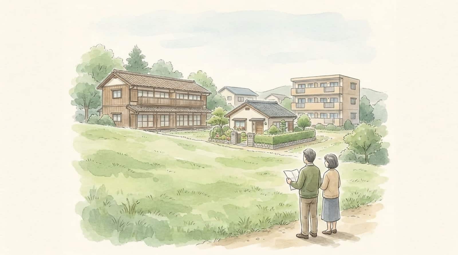 緑の丘に離れて建つ数棟の建物を、道から並んで眺める夫婦の水彩イラスト