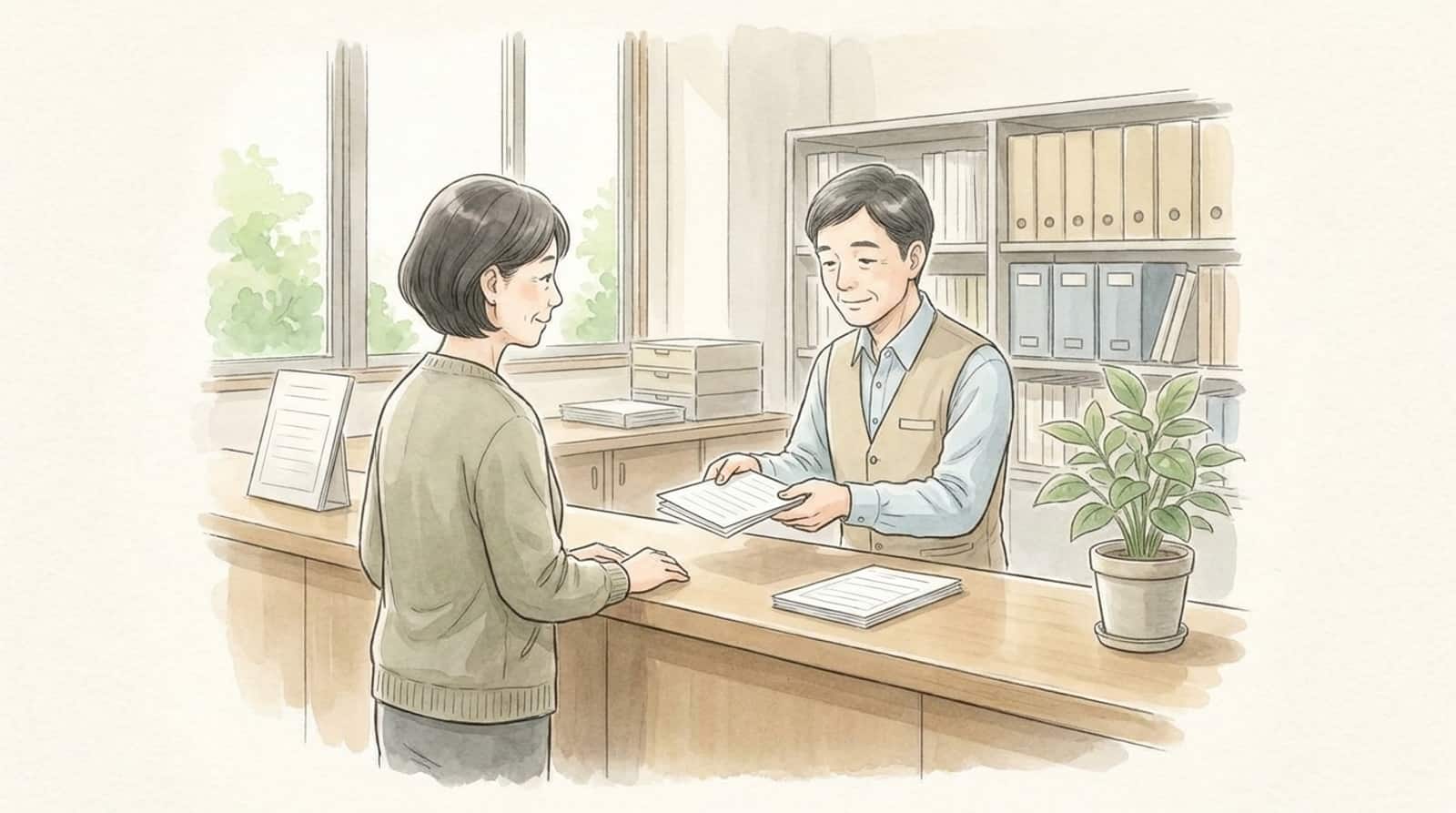 市役所の窓口で、職員から用紙を受け取る女性の水彩イラスト
