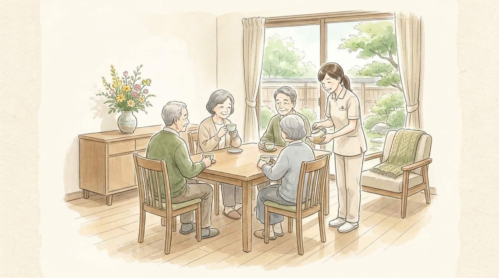 施設の共用の食堂で、4人の入居者が机を囲んでお茶を飲み、職員が急須で注いでいる水彩イラスト