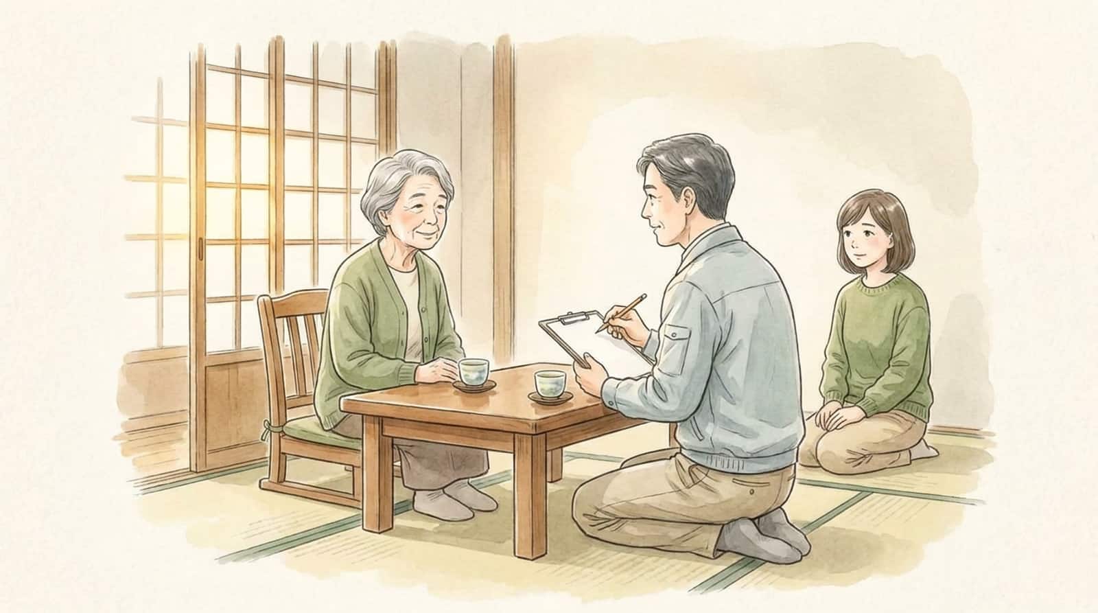 自宅の和室で、バインダーを持った調査員が高齢の女性に向かい合って話を聞き、娘が横に座っている水彩イラスト