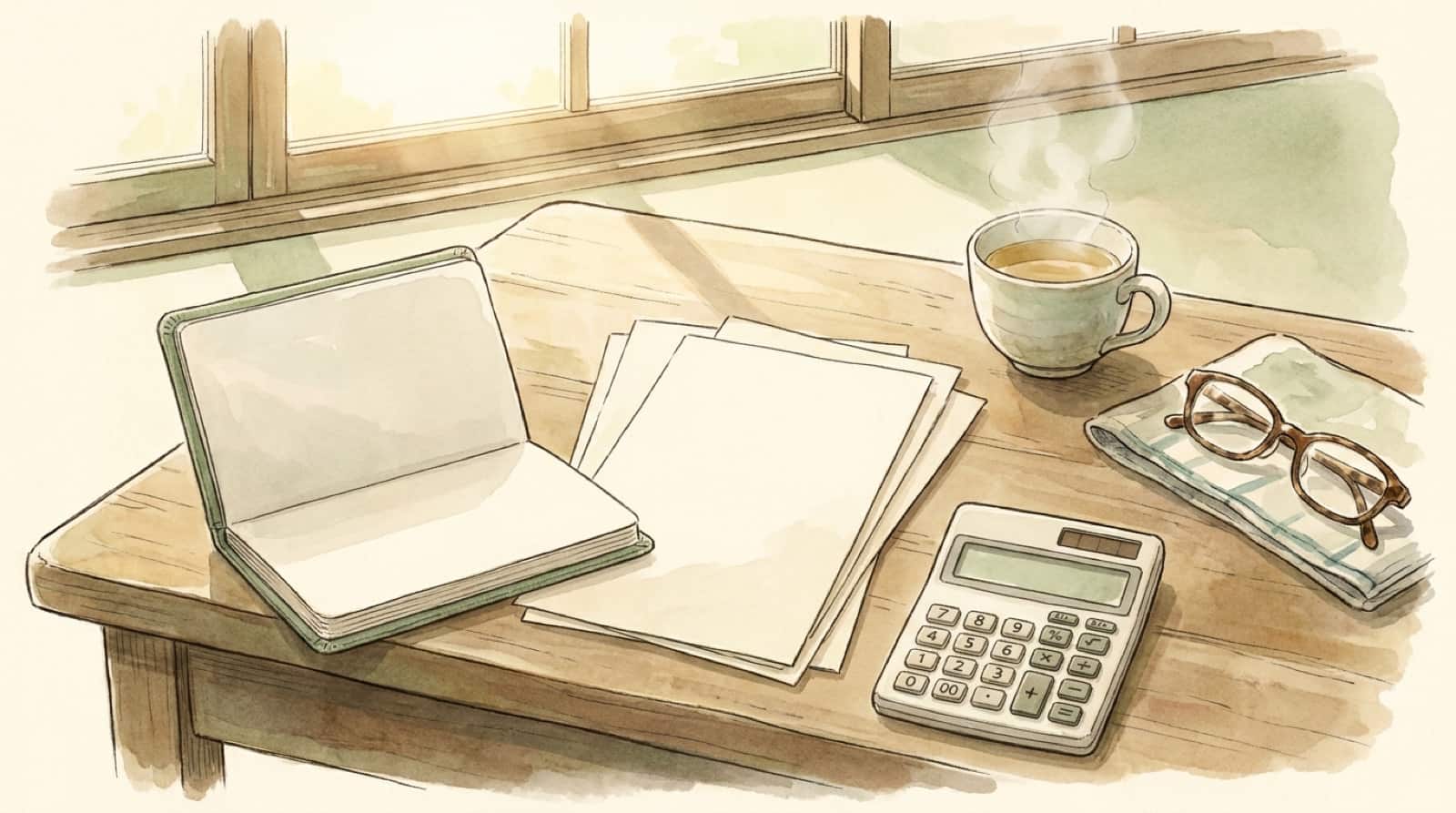 窓辺の机に置かれた書類と開いた手帳、電卓、湯気の立つカップの水彩イラスト