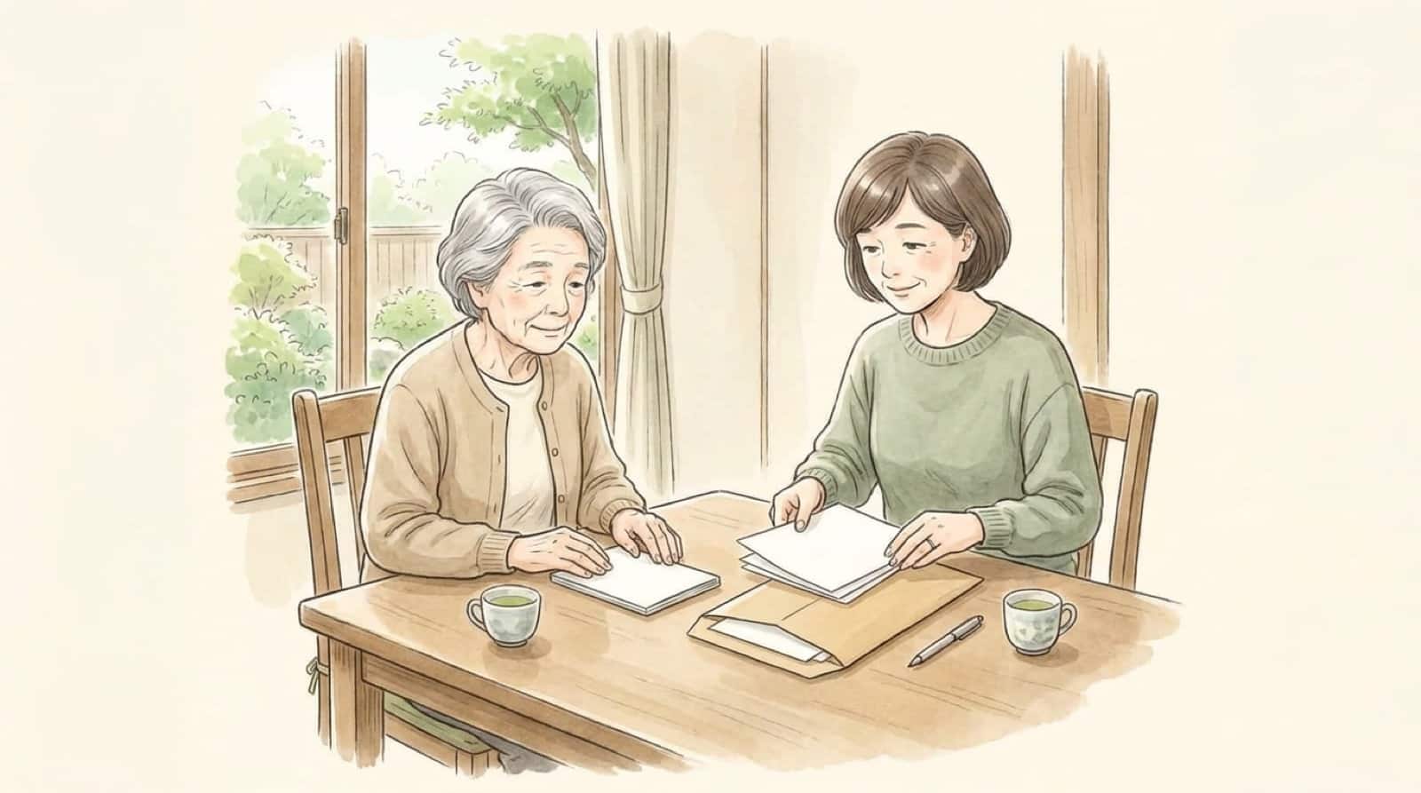 親子で申請書類を封筒にまとめる食卓の水彩イラスト