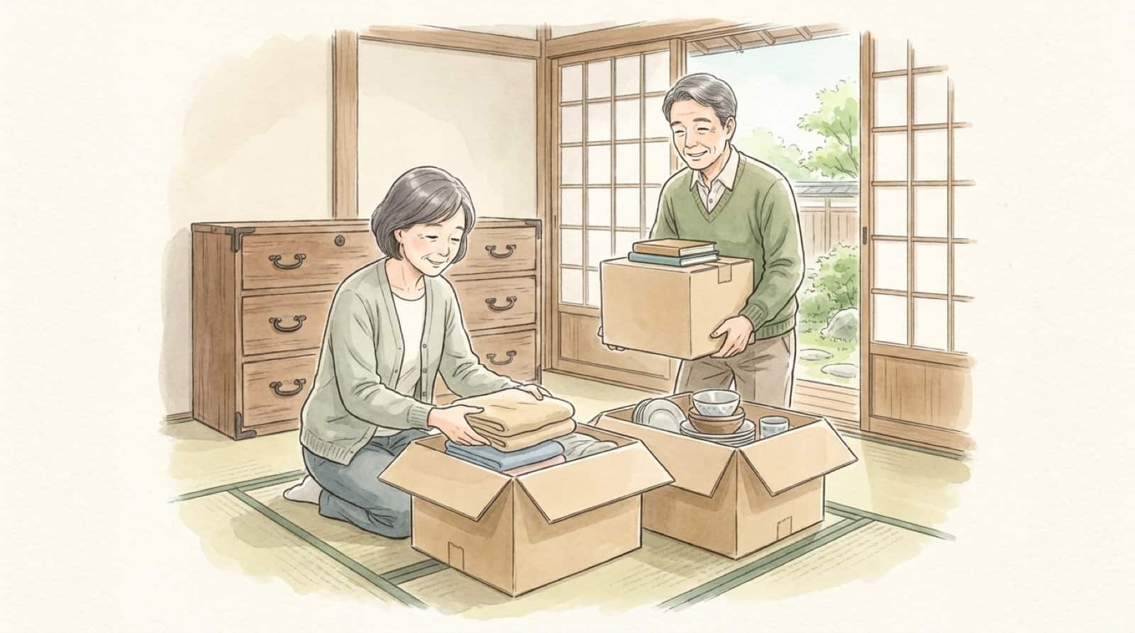 実家の和室で夫婦が段ボール箱に荷物を仕分ける水彩イラスト