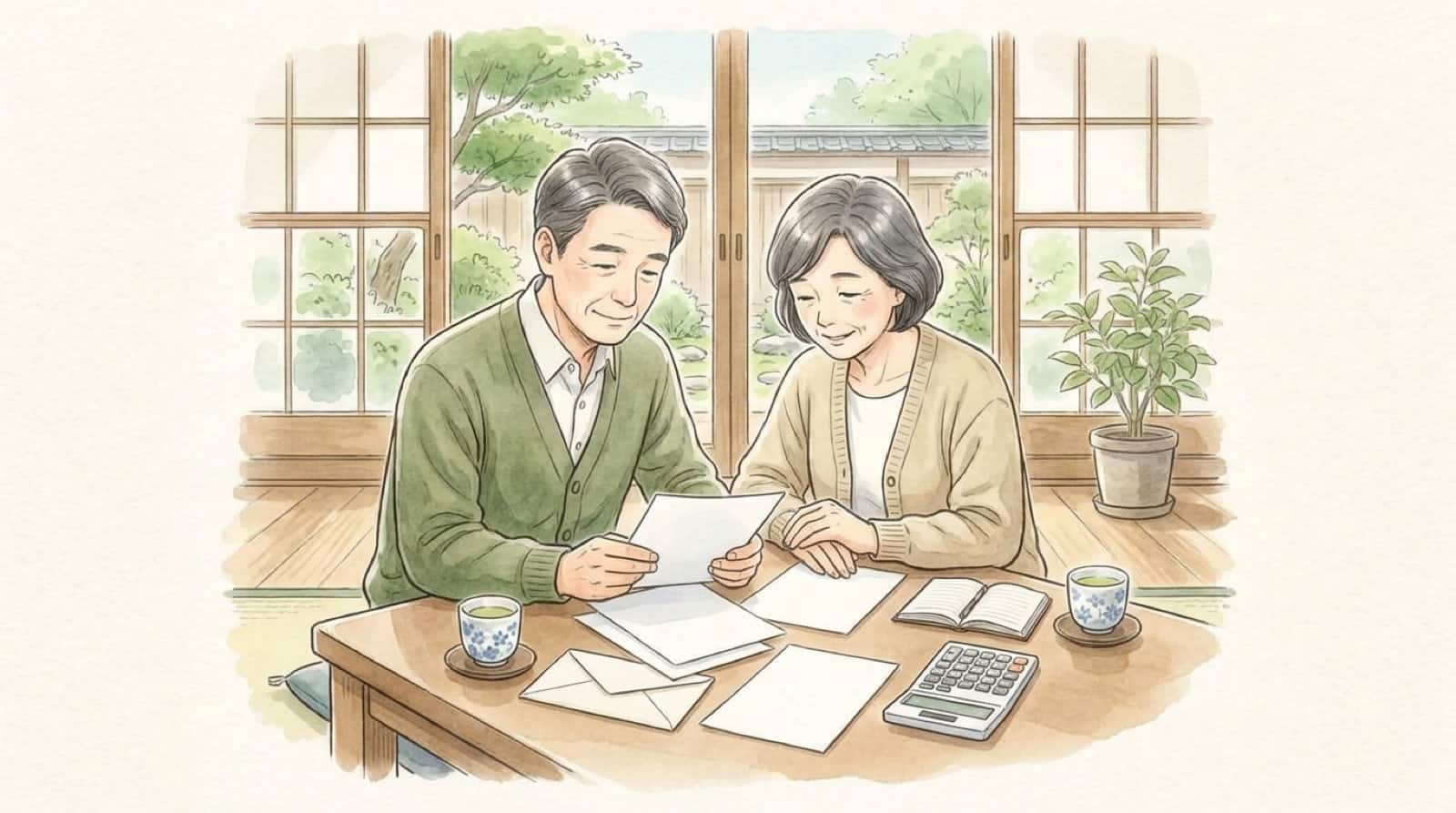 自宅のテーブルで施設からの書類と電卓を前に話し合う夫婦の水彩イラスト
