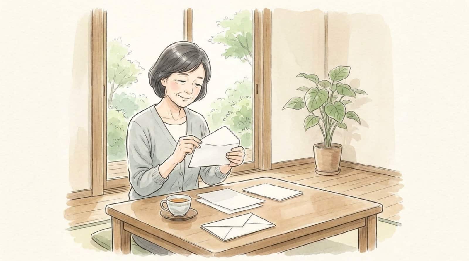 居間で届いた封筒を開ける女性の水彩イラスト