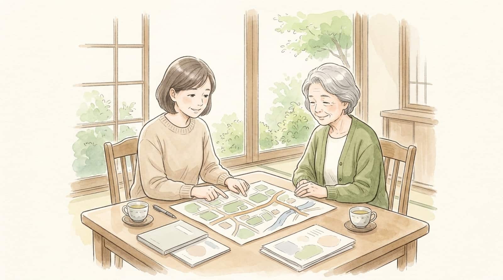 食卓に資料と手描きの地図を広げ、指をさしながら相談する母と娘の水彩イラスト
