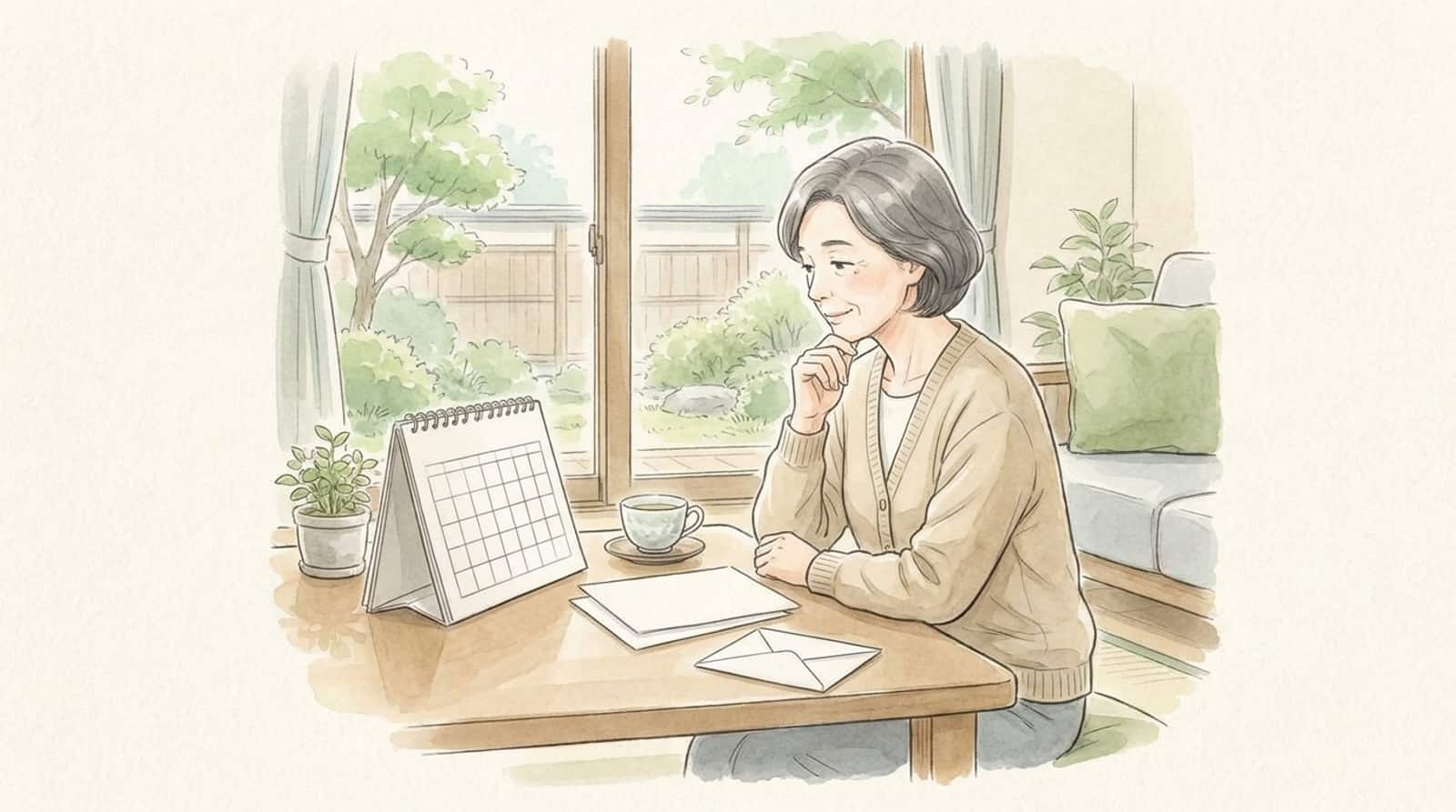 居間の机に立てたカレンダーと書類を前に、頬杖をついて考えている女性の水彩イラスト