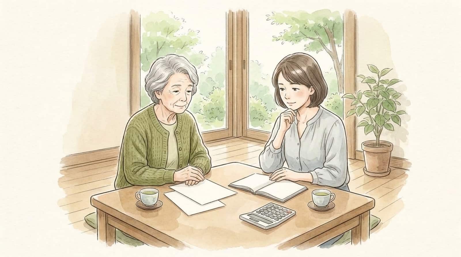 自宅の居間で、書類と電卓を置いた机をはさんで向かい合う母と娘の水彩イラスト