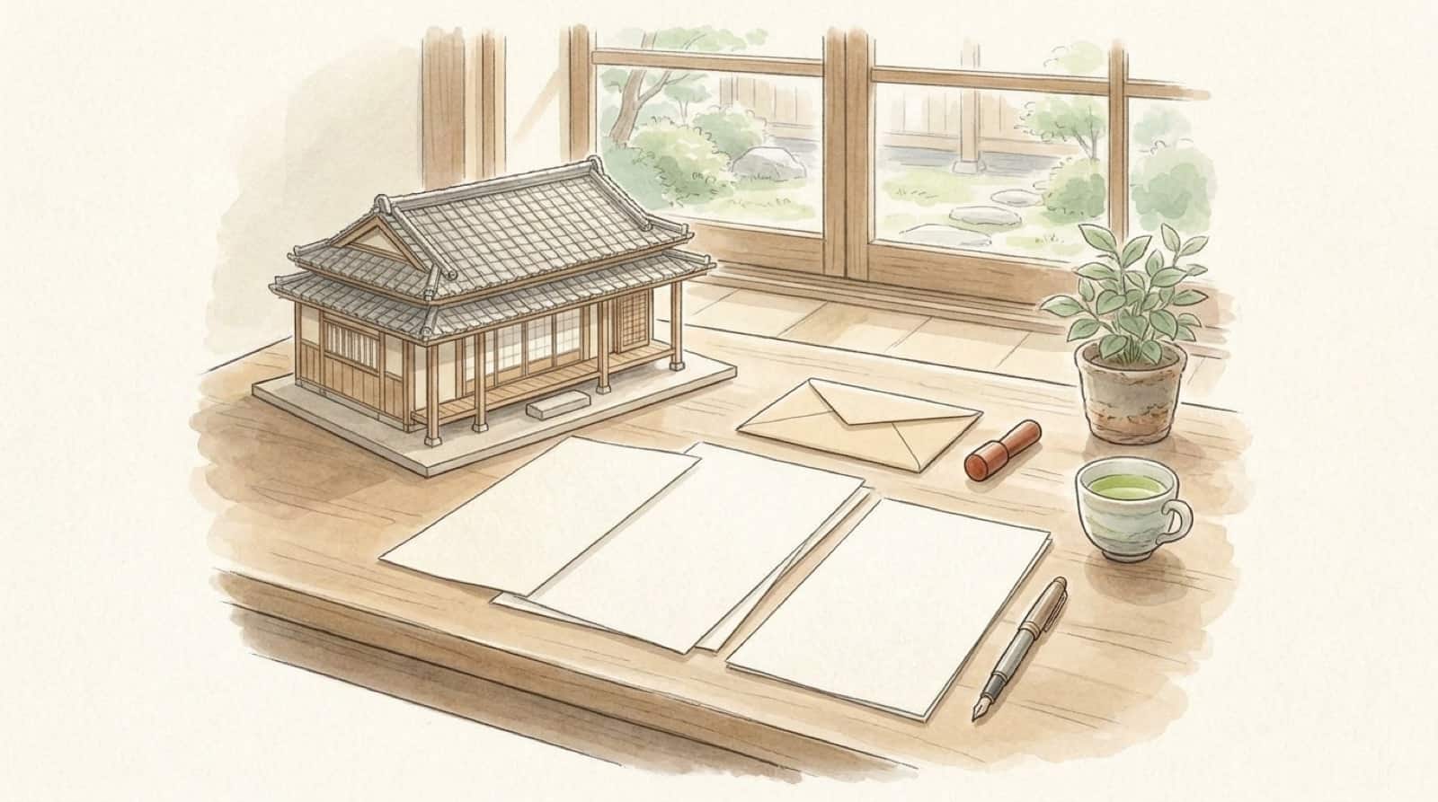 机の上の家の模型と書類・印鑑・封筒の水彩イラスト