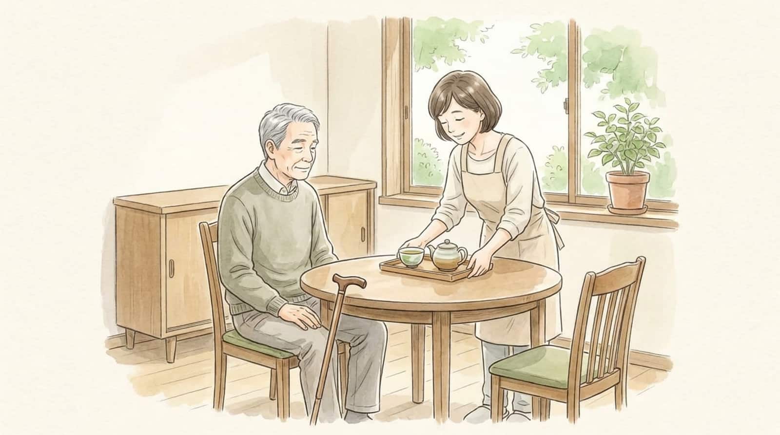 自宅の食卓で、訪問したヘルパーが急須と湯呑みを載せた盆を置き、高齢の男性が待っている水彩イラスト