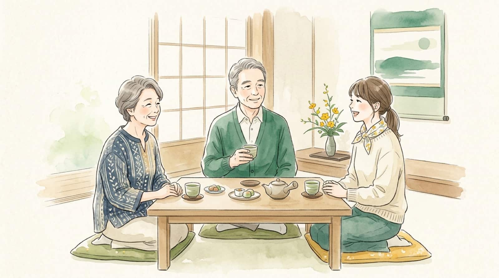 和室でちゃぶ台を囲み、三人で話し合う家族の水彩イラスト