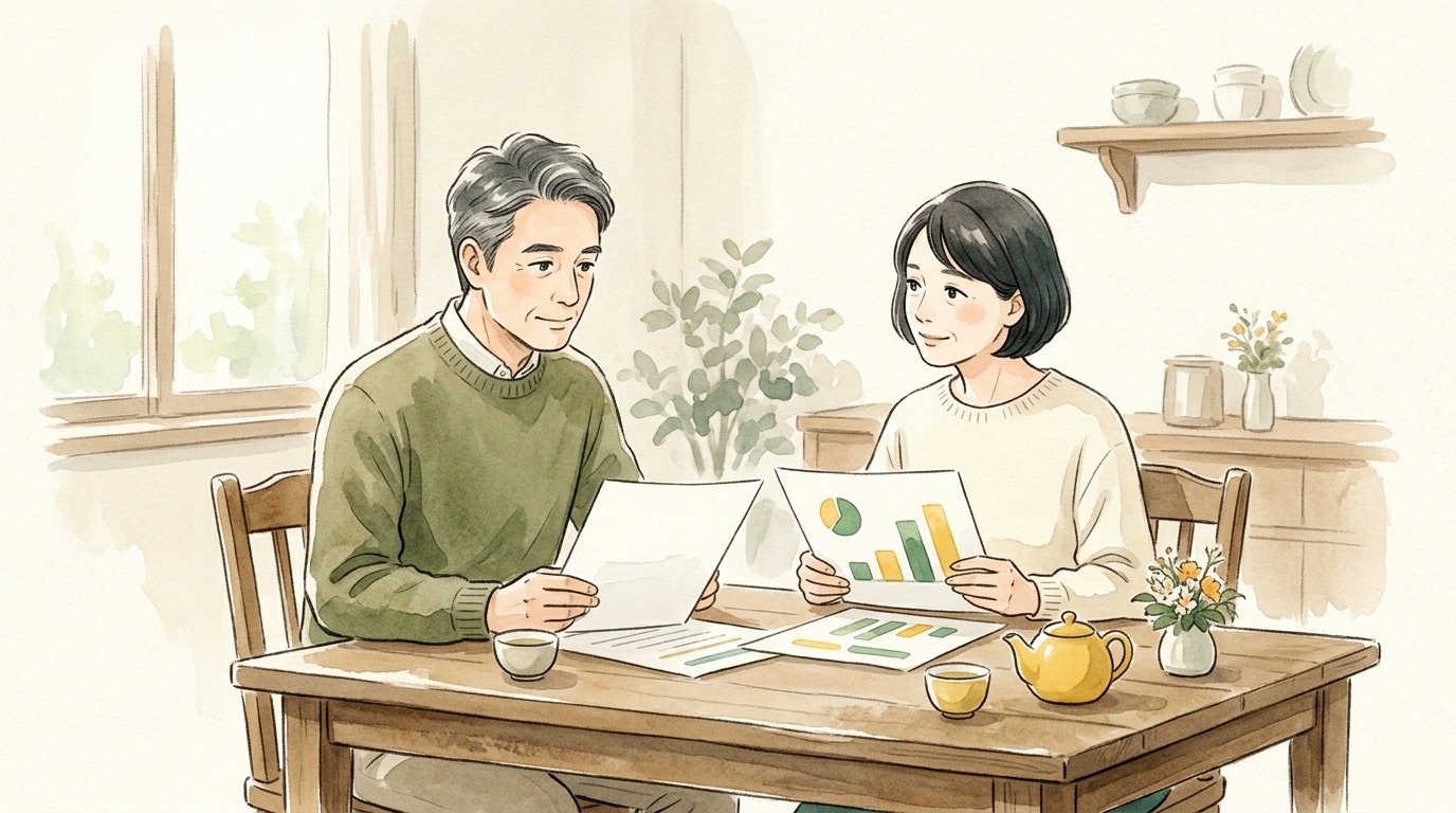 アンケート用紙と費用のグラフを見ながら話し合う夫婦の水彩イラスト