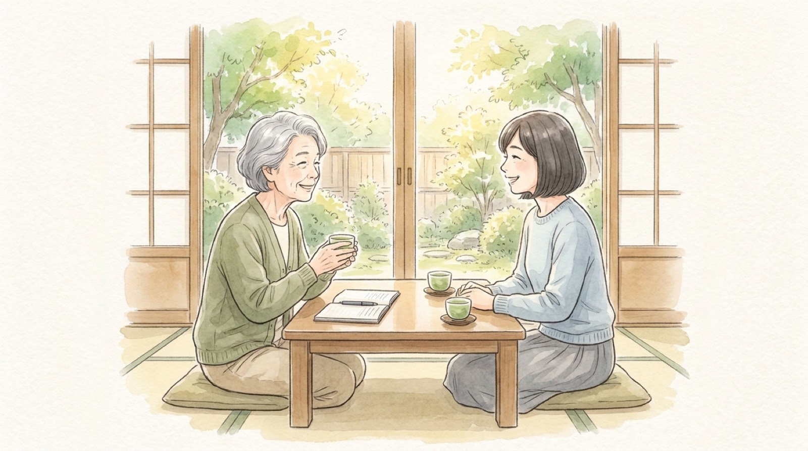 低い座卓でお茶を飲みながら、ノートを開いて話す親子の水彩イラスト
