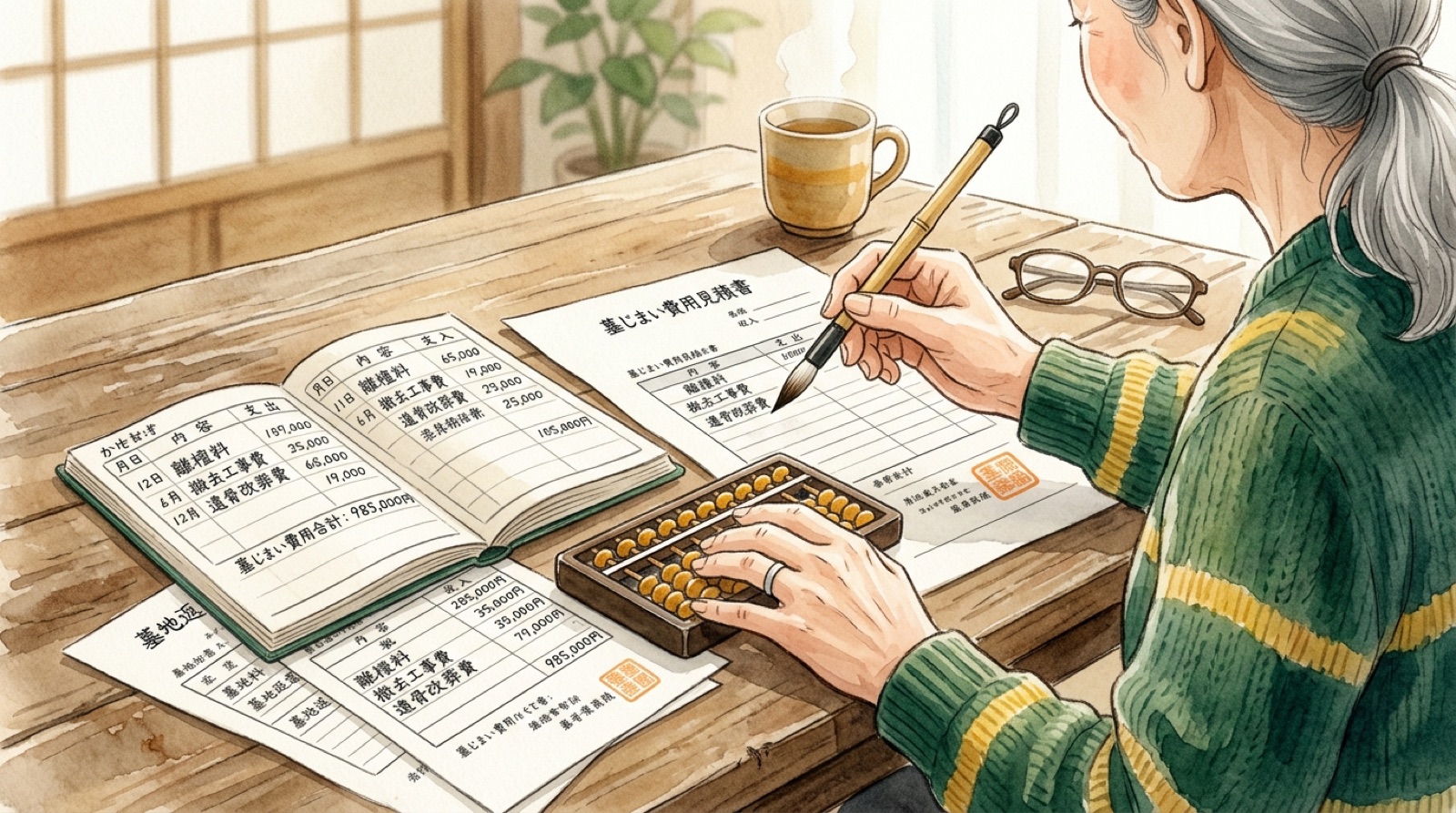 石材店から墓石撤去の見積書を受け取り比較する家族の水彩イラスト