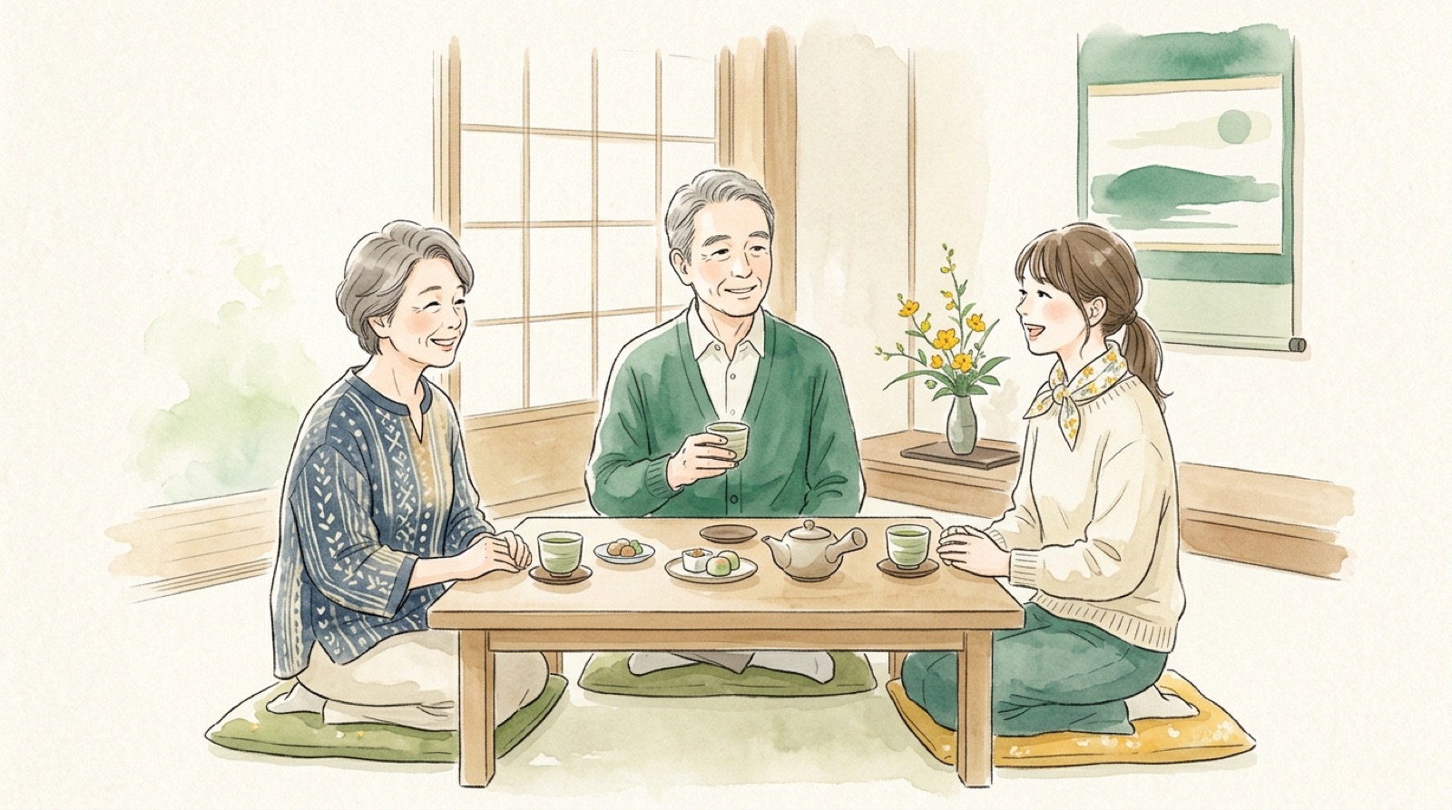家族三世代で話し合う様子の水彩イラスト