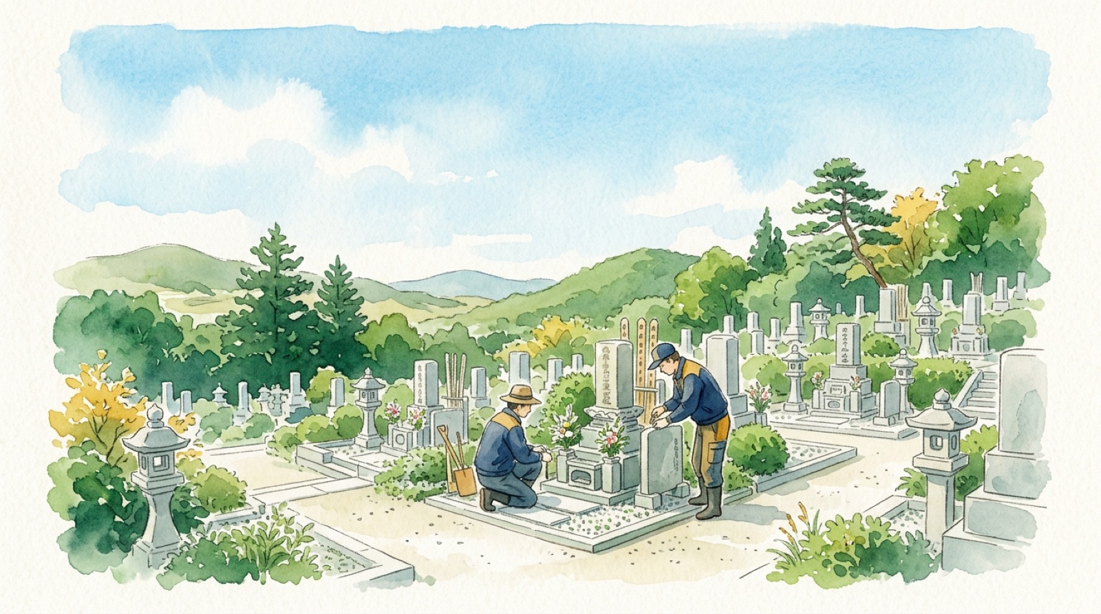 墓地で丁寧に作業する職人の水彩イラスト